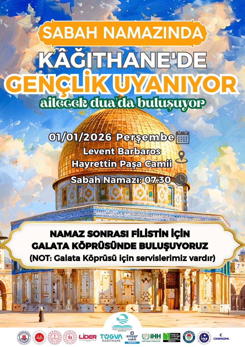 Kağıthanede Gençlik Uyanıyor  Yeni Yılın İlk Sabah Namazında Levent Barbaros Camiinde Buluşuyoruz.
📍 Levent Barbaros Hayrettin Paşa Camii
🗓 1 Ocak 2026 
⏰ 06.30
Namaz Sonrası Galata Köprüsünde Gazzeye gönül köprüsü kurmaya gidiyoruz
📍 Galata Köprüsü 
🗓 1 Ocak 2026 
⏰ 08.30