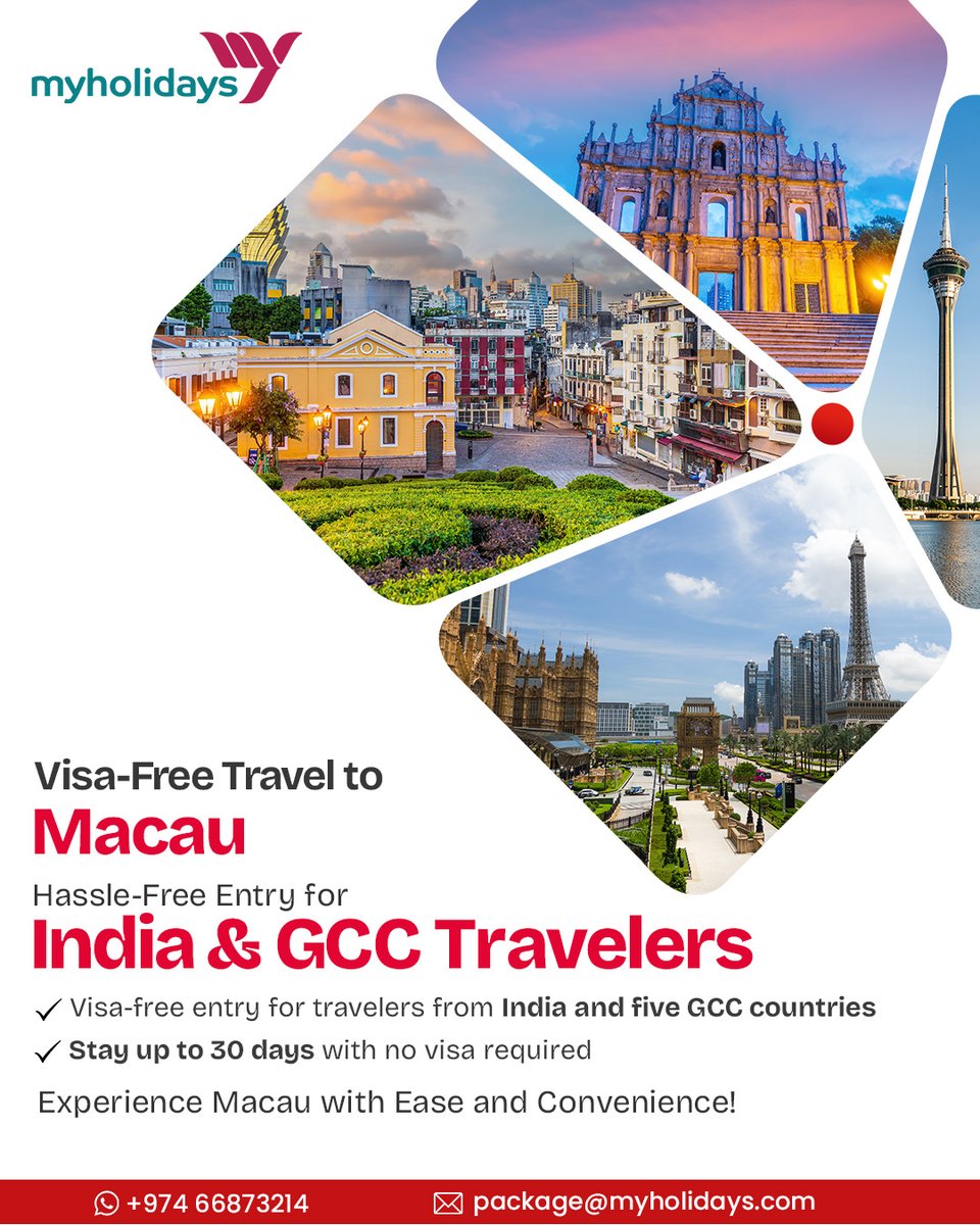 Visa-Free Macau Escape for India &amp; GCC Travelers! 
 
Discover Macau’s historic streets, iconic landmarks like the Ruins of St. Paul’s, local cuisine and world-class entertainment for 30 days without any hassle. 
#MyHolidays #VisaFreeTravel #MacauDiaries #ExploreMacau #EasyTravel