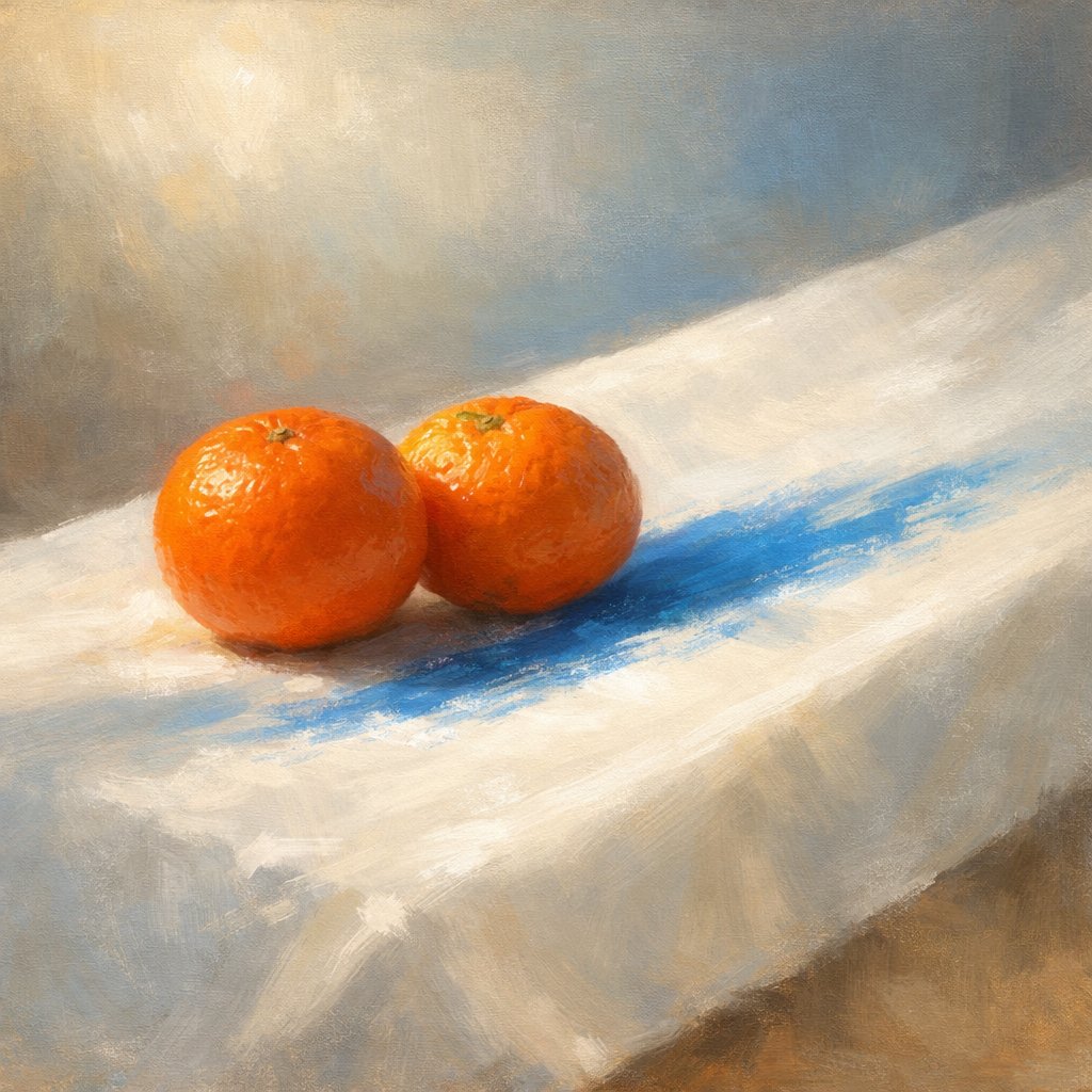 in a manifest #dream
she painted
2 tangerines
close &amp; warm
a whiff of blue
tilting between them
on a cloth
white as interval
once sleep broke
the zest had fled
she missed it the way
one misses a hand
then again
loss is only
the mind mistaking
change of state
for absence

#vss365