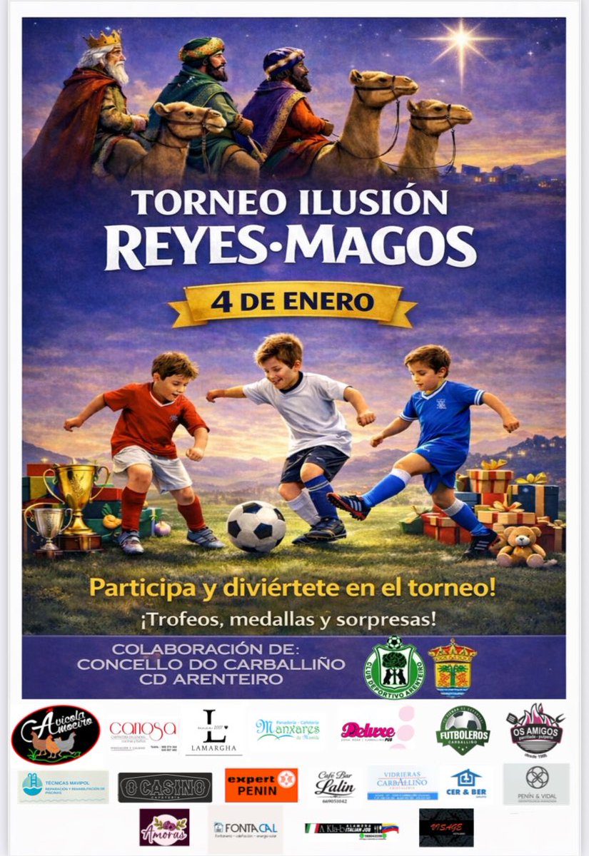 Pois este Domingo teremos un bo entretenemento. A escola do <a href="/CD_Arenteiro/">CD Arenteiro</a>  con Yoel e Xulio organiza a primeira edición do TORNEO ILUSIÓN REYES-MAGOS en categoría Benxamín. Gracias Yoel e Xulio pola implicación total!!!!!