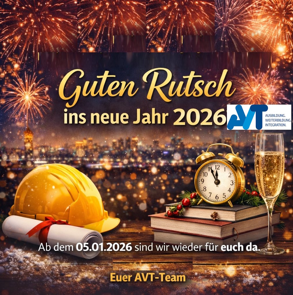 Wir wünschen allen Lehrgangsteilnehmenden, Kooperationspartnern und Wegbegleitern einen guten Rutsch ins neue Jahr 2026!

Ab dem 05.01.2026 sind wir wieder persönlich für euch da.

Viele Grüße
Euer AVT-Team

avt-bildung.de

#GuterRutsch #Neujahr2026 #AVT #Bildung