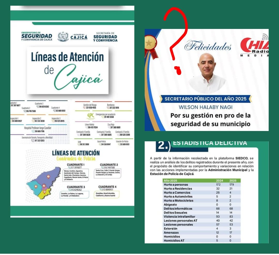 <a href="/RuraliaUrbana/">Ruralia Urbana</a> <a href="/NoticiasUno/">Noticias Uno</a> <a href="/FiscaliaCol/">Fiscalía Colombia</a> <a href="/PGN_COL/">Procuraduría General de la Nación</a> <a href="/LigaNoSilencio/">La Liga Contra el Silencio</a> <a href="/cuestion_p/">Cuestión Pública</a> <a href="/alcajica/">Alcaldía de Cajicá</a> <a href="/ConcejoCajica/">Concejo de Cajicá</a> <a href="/VolcanicasRev/">Volcánicas Periodismo Feminista</a> <a href="/WRadioColombia/">W Radio Colombia</a> <a href="/LasIgualadas/">Las Igualadas</a> Cajicá: donde los premios a la "excelencia" conviven con cuerpos desmembrados, impunidad y presuntos montajes judiciales... La seguridad es gestión? O "political washing" pro resultados, para ocultar persecución y abusos ?
🧵👇#JusticiaReal #Verdad #CajicáBajoElAbuso ?
<a href="/RELE_CIDH/">Relatoría Especial p/la Libertad Expresión (CIDH)</a>