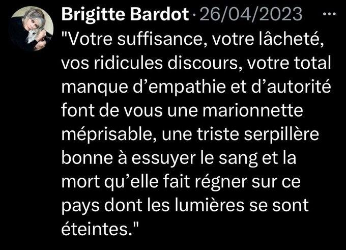 gegebiag2's tweet photo. @liasagan La famille devrait faire afficher sur les portes de l'église les lumineux propos de Brigitte Bardot sur Macron.
Ça devrait agir de la même façon que les gousses d'ail sur les vampires. https://t.co/z5oi7njxCo