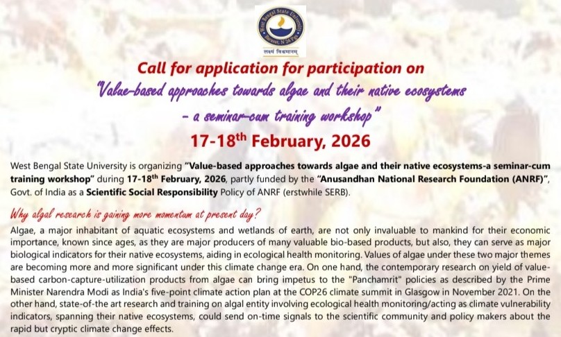 krishna_mangrov's tweet photo. Please send applications to register for “Value-based approaches towards algae and their native ecosystems-a seminar-cum training workshop” on
17-18th February, 2026, at West Bengal State University, partly funded by @ANRFIndia 
Check
https://t.co/YQ6vD3Tj8H https://t.co/x7sE509AwM