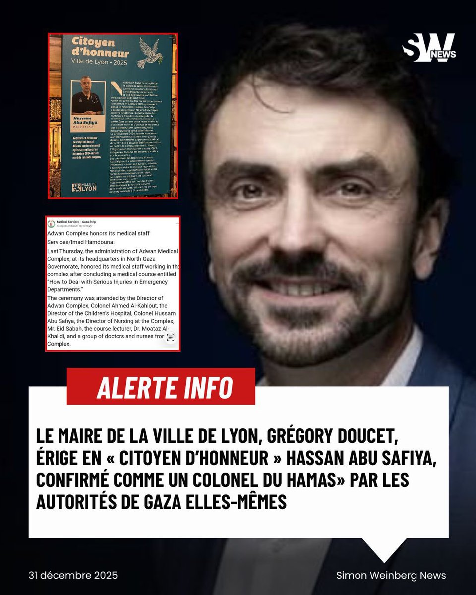 🔴🇫🇷 LYON | Le maire de la Ville de Lyon, Grégory Doucet, érige en « citoyen  d'honneur » Hassan Abu Safiya, confirmé comme un colonel du Hamas» par les  autorités de Gaza