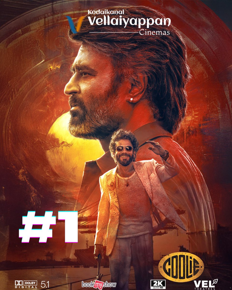 vellaiyappancin's tweet image. 🏆RANKED 1 – UNDISPUTED CHAMPION🏆

#Coolie🔥🎬

Standing tall at the #1 position at #VellaiyappanCinemas, Coolie dominated the box office with massive footfalls, repeat audiences, and unstoppable theatre energy.
From first show to final run - this was pure big-screen power⚡💥