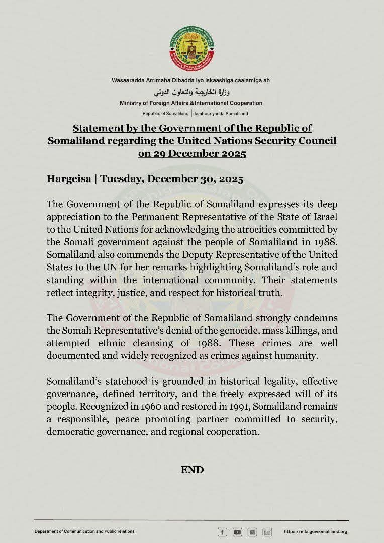 SharmarkeIdiris's tweet photo. The @somalilandmfa and its people are not on the same page when it comes to the wording of what happened in Somaliland in the 1980s-90s. The ministry should refrain from this nonsense and choose words wisely. What happened was a Genocide not atrocities and the world witnessed it. https://t.co/pm4qOjHpHy