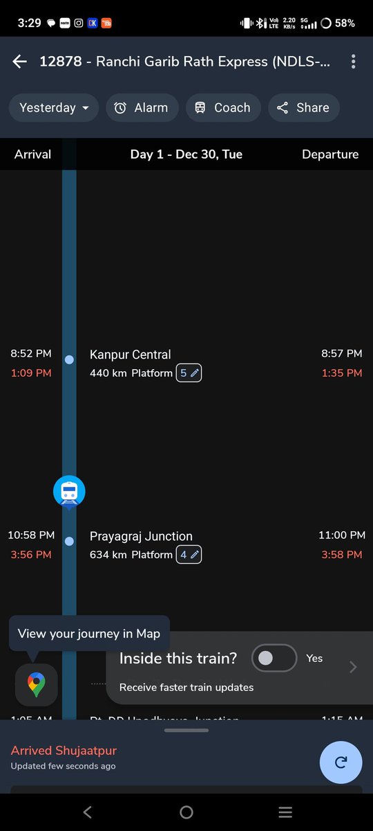 justsaji's tweet photo. @RailMinIndia @RailwaySeva @RailMadad 

Train No. 12878 is started from it's origin station New Delhi 7.20 hours late and as of now it's gone 17 hours late.. It's so much frustrating. And still running very slowly. Stopping in every 5-10 mins of running. 🙏 https://t.co/lEex5DkJVS
