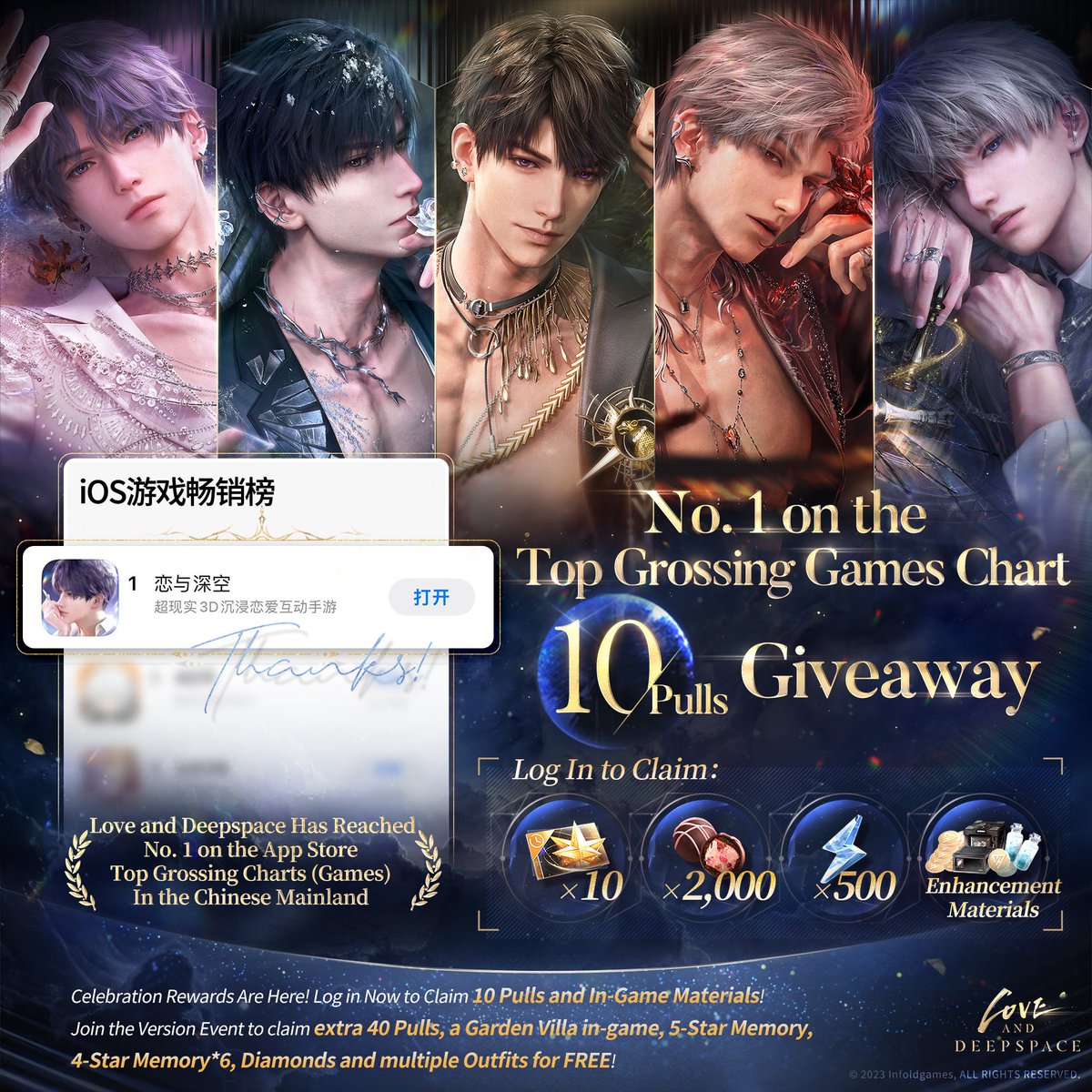 Love and Deepspace Hits the Top for the 9th Time
10 Pulls Giveaway!
🪐New Home feature is live. Quick Cleanup of Resources: loveanddeepspace.onelink.me/MnPs/7ph1o4u5

Love and Deepspace Ver. 5.0 [2nd Anniversary Celebration] officially launches today. Love and Deepspace has reached No. 1 on the