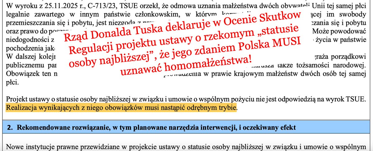 🔴„Status osoby najbliższej” to prosta droga do homomałżeństw!
🔴Minister <a href="/KotulaKat/">Katarzyna Kotula</a>: „nie ma powrotu do dyskusji o związkach partnerskich”.
🔴W rzeczywistości nawet w załączniku OSR do projektu ustawy o „statusie” rząd Donalda Tuska deklaruje, że MUSI uznawać homomałżeństwa!