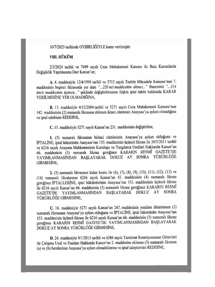 CMK da yapılan değişiklik ile HAGB Hükmün açıklamasının Geri bırakılması düzenlemesi Anayasa Mahkemesi tarafından iptal edilmiştir.
Artık 2 yıl altında verilen hapis cezaları ve adli para cezalarına HAGB kurumu uygulanmayacaktır.

resmigazete.gov.tr/eskiler/2025/1…
<a href="/inanGazi/">Gazi İnan</a> 
<a href="/TEMUD_2024/">Türkiye Emekli Uzman Erbaşlar Derneği (TEMUD)</a>