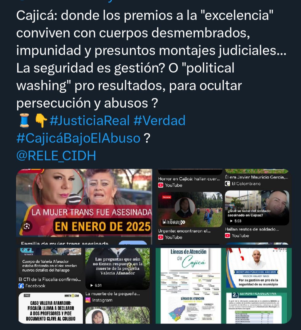 <a href="/IvehtsSoto/">iveht julietta Soto</a> <a href="/NoticiasUno/">Noticias Uno</a> <a href="/FiscaliaCol/">Fiscalía Colombia</a> <a href="/PGN_COL/">Procuraduría General de la Nación</a> <a href="/LigaNoSilencio/">La Liga Contra el Silencio</a> <a href="/cuestion_p/">Cuestión Pública</a> <a href="/alcajica/">Alcaldía de Cajicá</a> <a href="/ConcejoCajica/">Concejo de Cajicá</a> <a href="/VolcanicasRev/">Volcánicas Periodismo Feminista</a> <a href="/WRadioColombia/">W Radio Colombia</a> <a href="/LasIgualadas/">Las Igualadas</a> <a href="/RELE_CIDH/">Relatoría Especial p/la Libertad Expresión (CIDH)</a> <a href="/Casa_Macondo/">CasaMacondo</a> <a href="/BandalosSC/">BANDALOS</a> <a href="/DCoronell/">Daniel Coronell</a> <a href="/DefensoriaCol/">Defensoría del Pueblo</a> <a href="/altereddie/">¿Se lo explico con plastilina?</a> <a href="/RadioChia51402/">Chía Radio 24</a> <a href="/AlexKleinO/">Alexander Klein</a> <a href="/ONUMujeresCol/">ONUMujeresCol</a> <a href="/LunaEstereoFM/">Emisora Luna Estéreo</a> <a href="/CaracolRadio/">Caracol Radio</a> ...🧵 El PARAlelo de La "Excelencia" Oficial frente a la Barbarie Real en 2025 !!
Resulta PARAdójico que la administración municipal de Cajicá, a cargo de la Repitente Alcaldesa Fabiola Jácome, sea finalista en premios de gestión y publique mapas de calor de "convivencia"