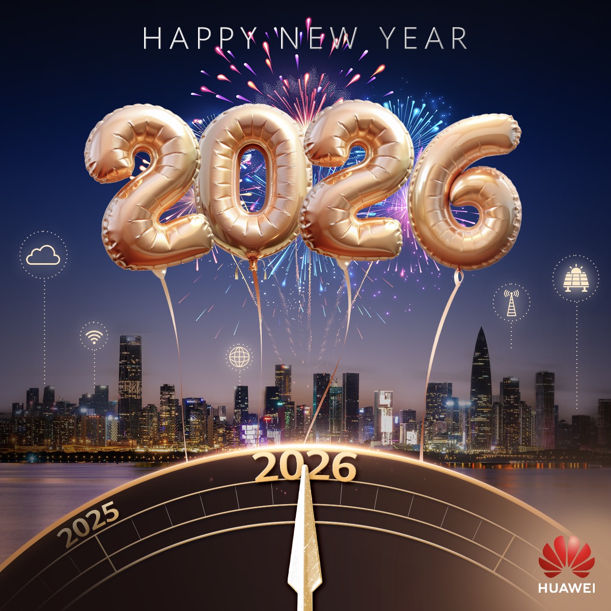Huawei's tweet photo. Huawei wishes everyone, everywhere a very Happy New Year. As we welcome 2026, we look forward to building success together through trust, collaboration, and innovation. Here's to a joyful and prosperous year ahead, full of growth and new opportunities. https://t.co/nGa8xYGP5b