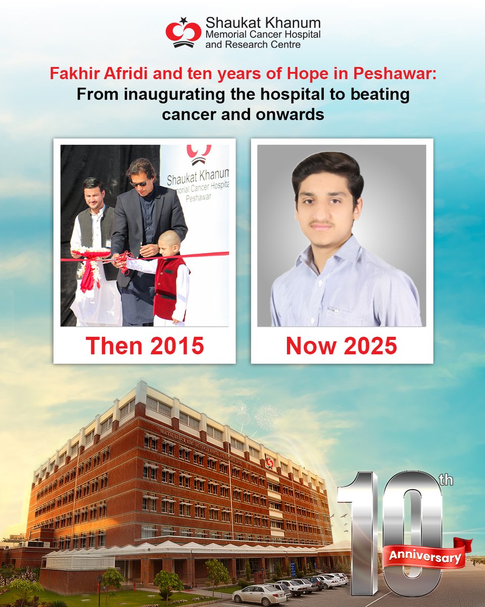 SKMCH's tweet photo. "As the Peshawar hospital marks its 10th anniversary of hope, Fakhir stands as living proof that cancer can be beaten. Together, we started a new chapter in Pakistan’s fight against cancer..."

For complete story:
https://t.co/YV6sVugyqy

#SKMCH #KhidmatAurUmeedKay10Saal https://t.co/O7gATN9S4i