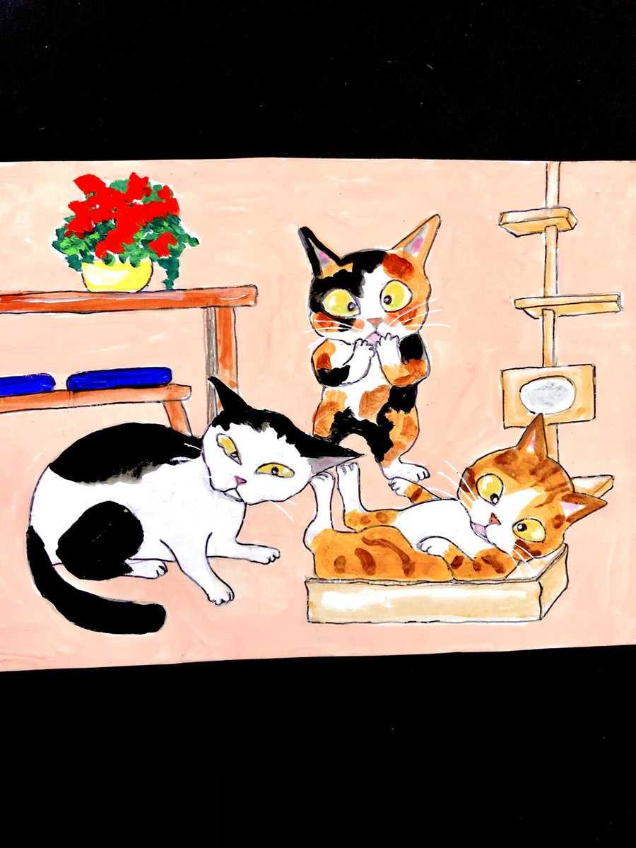 続 玄関でのピンポーンに対する三者三様」 ＃猫絵 ＃猫イラスト 今年も
