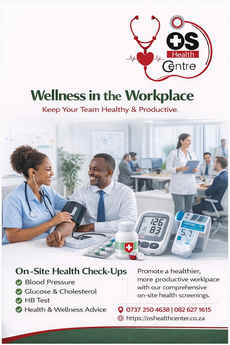 OS_HEALTHCENTRE's tweet photo. Partner with 🆘 O.S Health Centre 
For reliable workplace health check-ups and wellness support.

📞 073 250 4638 | 082 627 1615
🌐 https://t.co/uIIPJse68Z

#WorkplaceWellness
#EmployeeHealth 
#CorporateWellness 
#OSHealthCentre https://t.co/tN6cSo9lX9