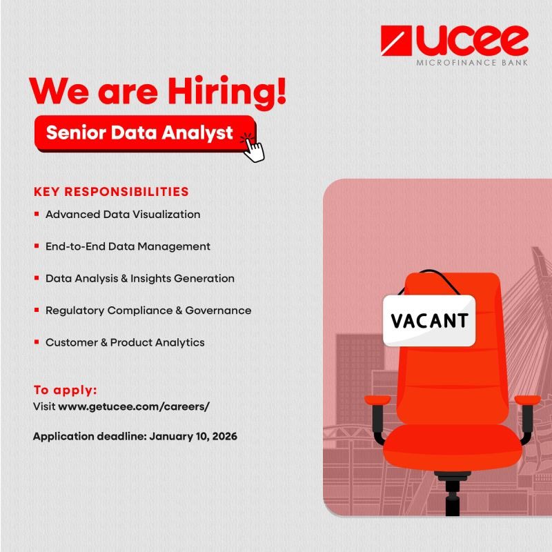 Vacant Position ‼️‼️

Senior Data Analyst 

If qualified Kindly send cv to careers@uceemfb.com or apply on our website getucee.com