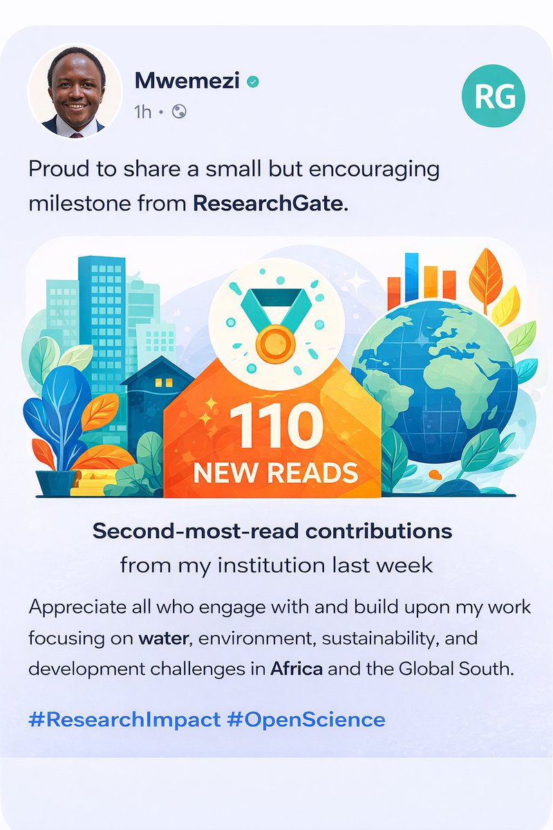 Grateful for this encouraging milestone on ResearchGate: Grateful for this encouraging milestone on ResearchGate. Last week, my research contributions recorded 110 new reads, ranking as the second-most-read contributions from my Institution (<a href="/NM_AIST/">nmaist _official</a>)  during that period.

This