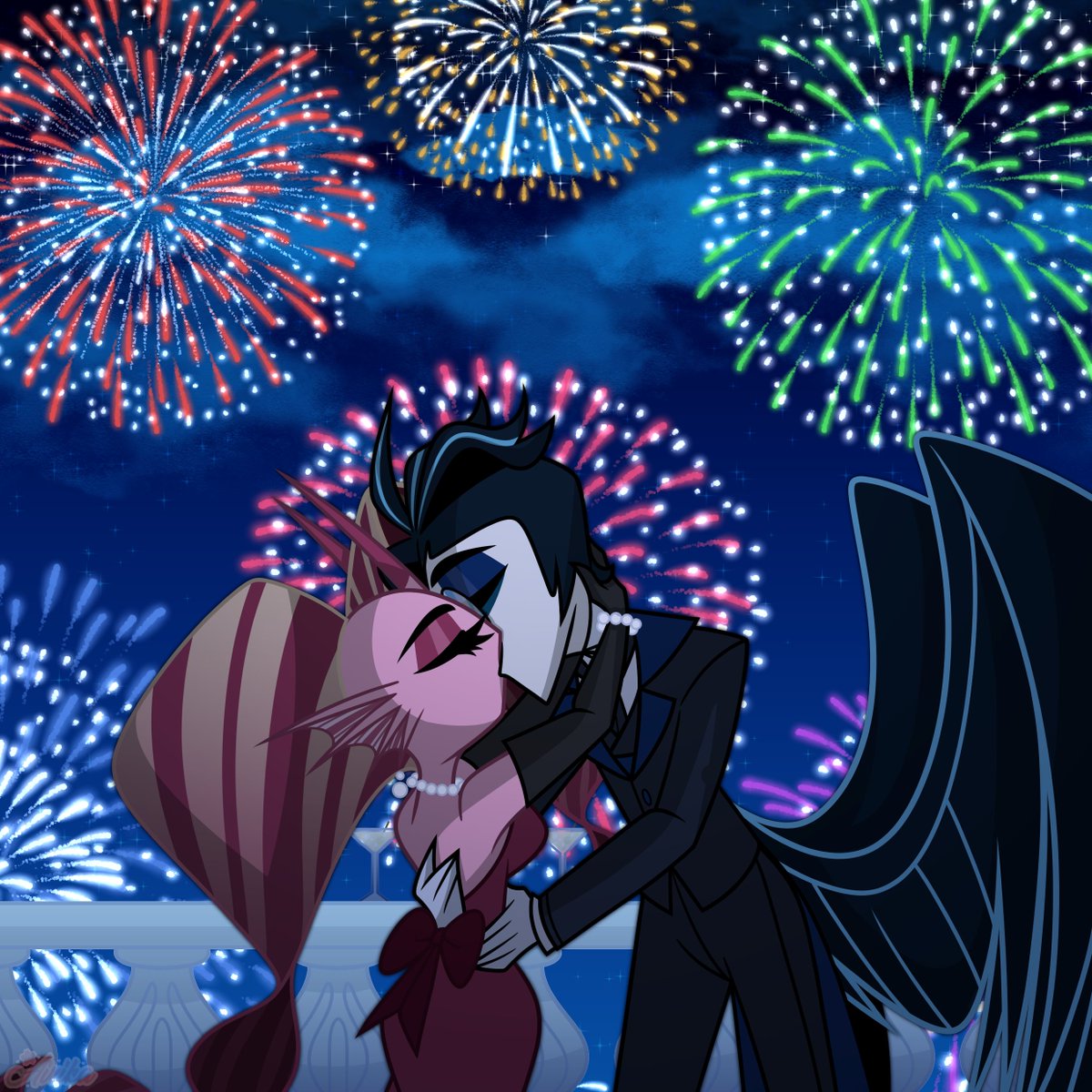 The Lady &amp; The Butler snuck off to the balcony to share a passionate... Yet familiar... New Year's Kiss. 💋

HAPPY NEW YEAR &amp; WELCOME TO 2026! 🥳 🎆 🎇 🎉 🎊

Edward belongs to <a href="/AGrumpyBirb/">♤ 𝐄𝐝𝐰𝐚𝐫𝐝</a> 
#HazbinHotelOC | #HelluvaBossOC | #HHOC | #HBOC | #OC