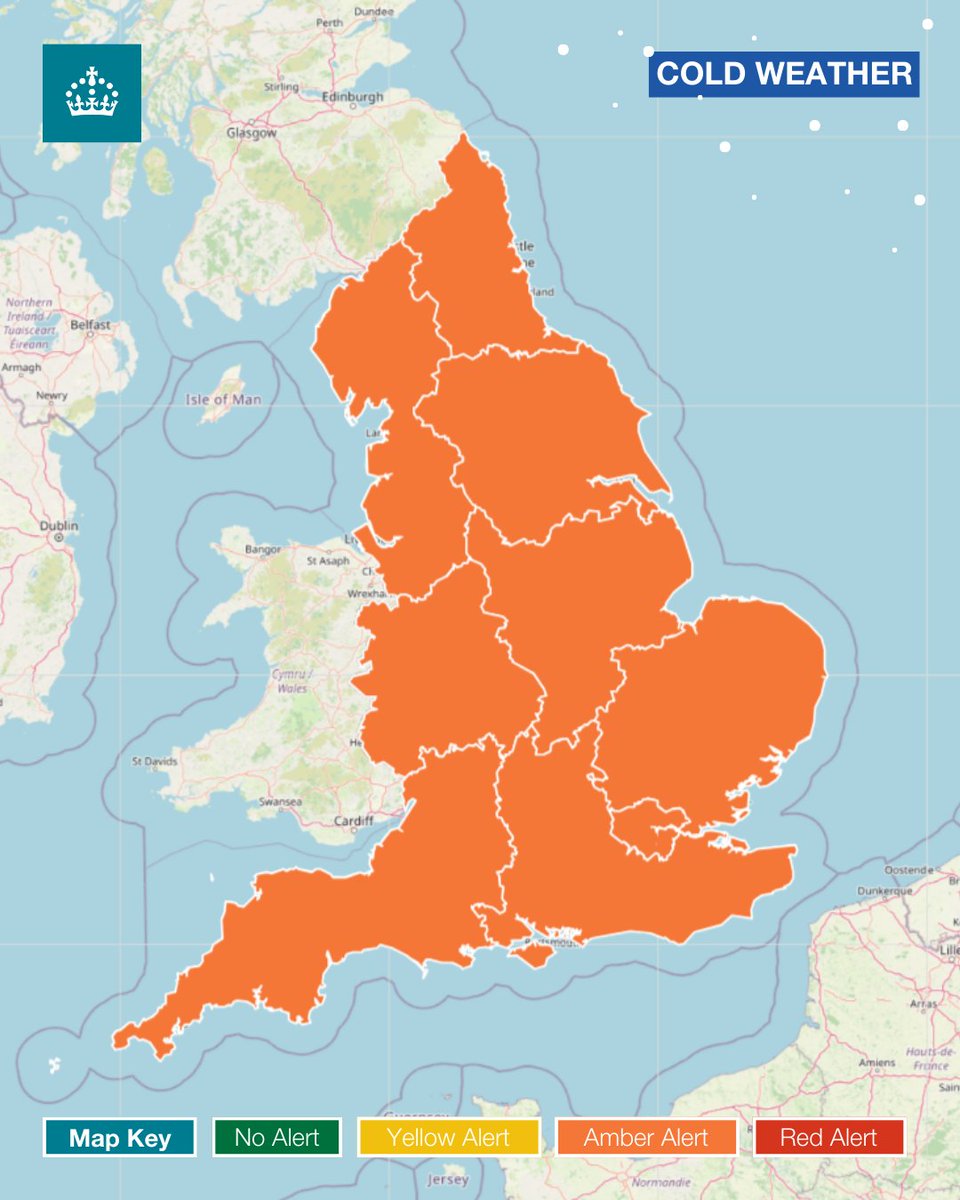UKHSA's tweet image. 🟠⚠ Amber Cold-health alerts have now been issued across England until January 6. Forecast weather is likely to cause significant impacts across health &amp;amp; social care services.
🔗 ukhsa-dashboard.data.gov.uk/weather-health…