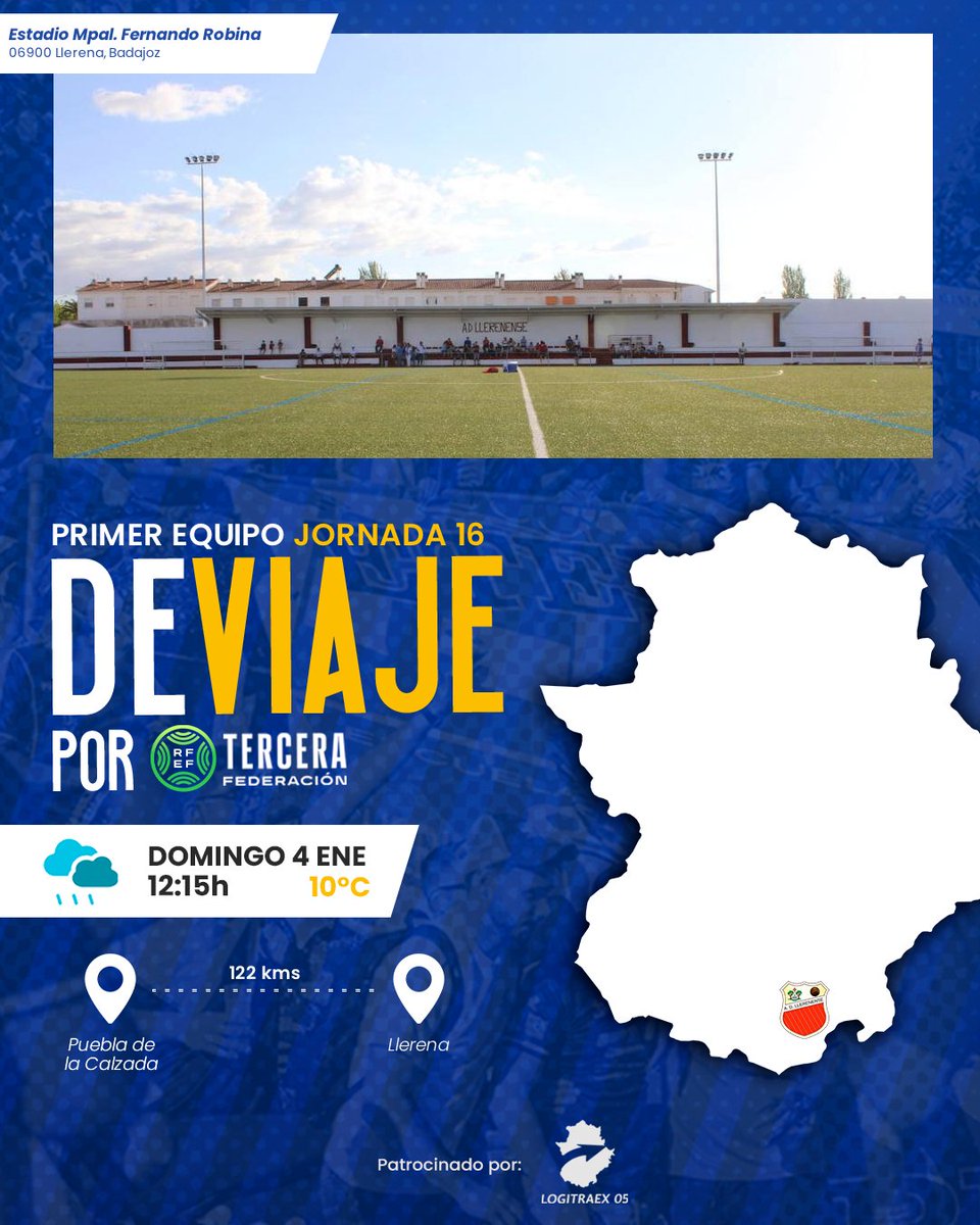 🚍 𝘿𝙀 𝙑𝙄𝘼𝙅𝙀 𝙋𝙊𝙍... #3ªRFEF
📍 Mpal. Fernando Robina - #J16
🆚 <a href="/adllerenenseof/">A.D. LLERENENSE</a> 

Viaje patrocinado por: 𝗟𝗼𝗴𝗶𝘁𝗿𝗮𝗲𝘅 𝟬𝟱, expertos en transporte de mercancías por carretera 🚚📦.

🗣️ #TuAlientoNuestraFuerza
💪 #VMP | #EFP ‘A’ 🔵⚪️