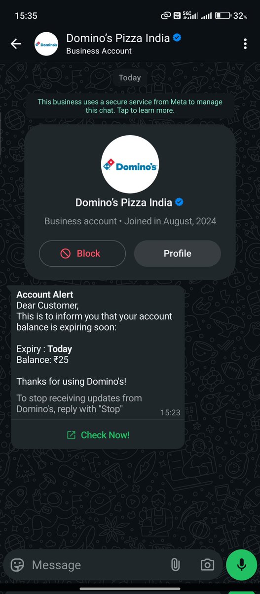 _ankit__sinha's tweet photo. @dominos @SCJudgments sent me a WhatsApp message saying that today is the last date and my ₹25 balance will expire because it’s the year end. What kind of rule is this that money expires just because the year ends? By that logic,will banks also make our money expire at year end? https://t.co/F5bqUZmowX
