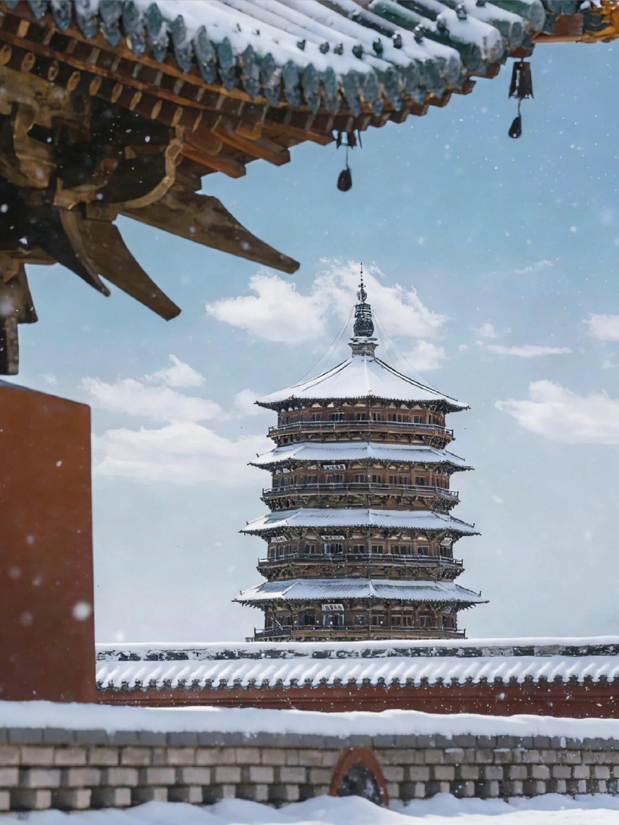 Luu40825988's tweet photo. 应县木塔的雪，是为千年斗拱飞檐写下的磅礴史诗✨✨ https://t.co/3FQ1ICBs3b