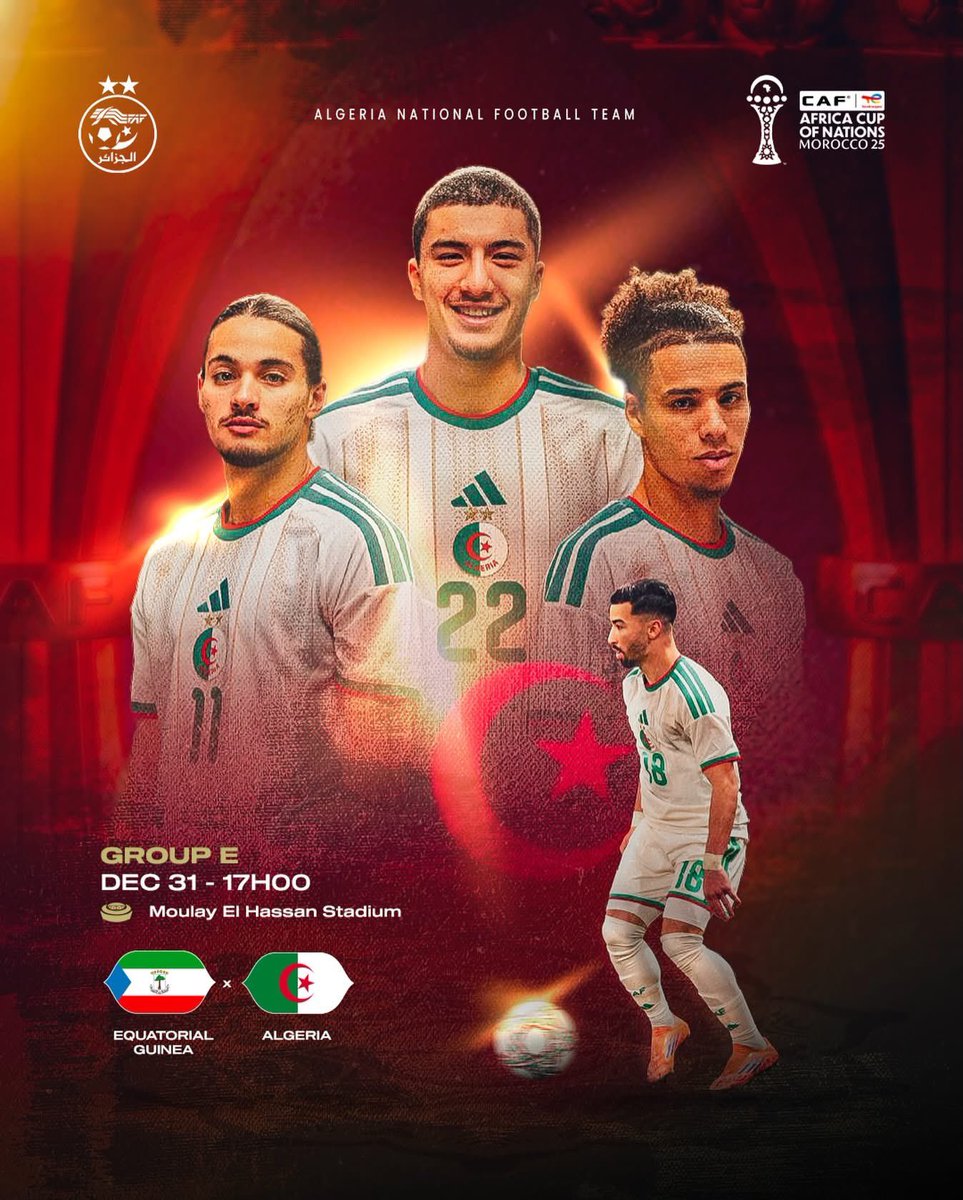 ABADAAbdel83801's tweet photo. 🟢 Jour de match !
Déjà qualifiée, l’Algérie affronte la Guinée équatoriale pour conclure la phase de groupes.
Objectif : rester sérieux, gagner en confiance et poursuivre sur la lancée.
🇩🇿🆚🇬🇶
⏰ 17h00
🏟️ Moulay El Hassan
#TeamDZ #CAN2025 #ALGGEQ https://t.co/4t0mCj98ex