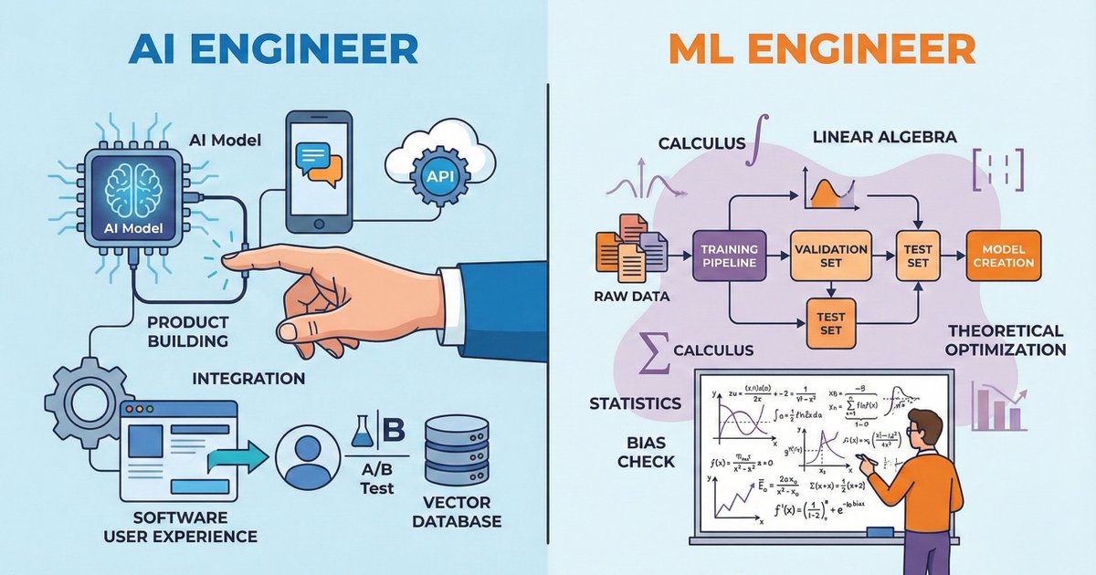 gatere_mark's tweet image. AI Engineers Vs ML Engineers

Here are key differences between an AI Engineer and an ML Engineer so that you can find the path that works best for you in 2026.

Both terms are often used interchangeably, but they represent distinct career paths with actually very different jobs.…