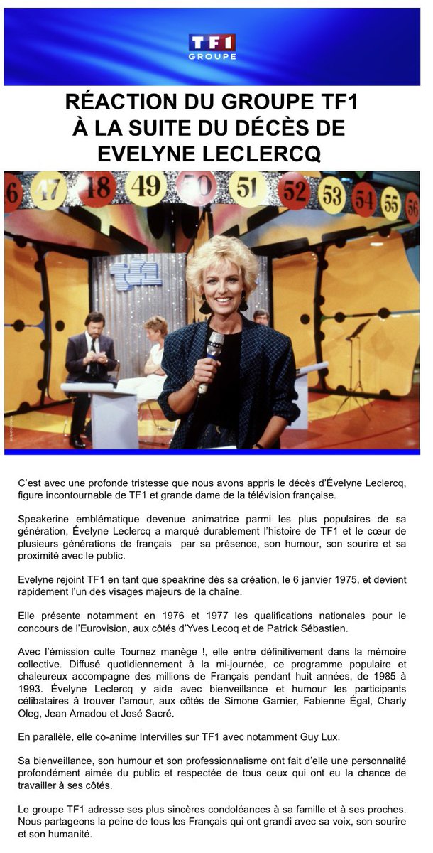 TF1Pro's tweet photo. Réaction du @GroupeTF1 à la suite du décès de Evelyne Leclercq https://t.co/lrK3sxqMl4