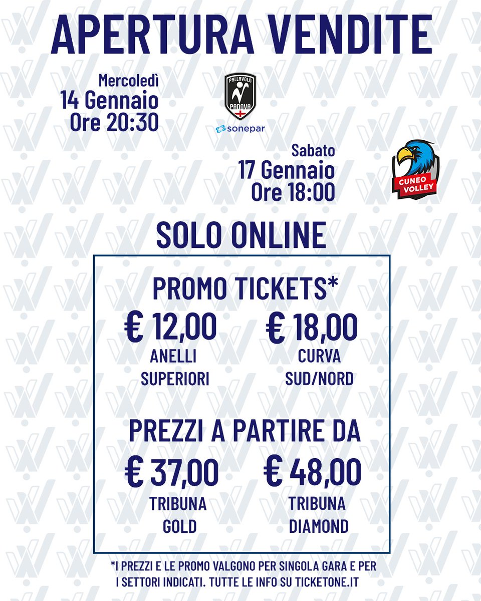 🎟 | PROMO ATTIVE FINO AL 6 GENNAIO PER LE GARE CONTRO PADOVA E CUNEO

🤩 Aperte le vendite per le prossime due partite casalinghe: fino al 6 gennaio l'Anello Superiore è disponibile a 12 €, le curve a 18

💪 Acquista ora il tuo biglietto: veronavolley.ticketone.it/catalog

#RanaVerona