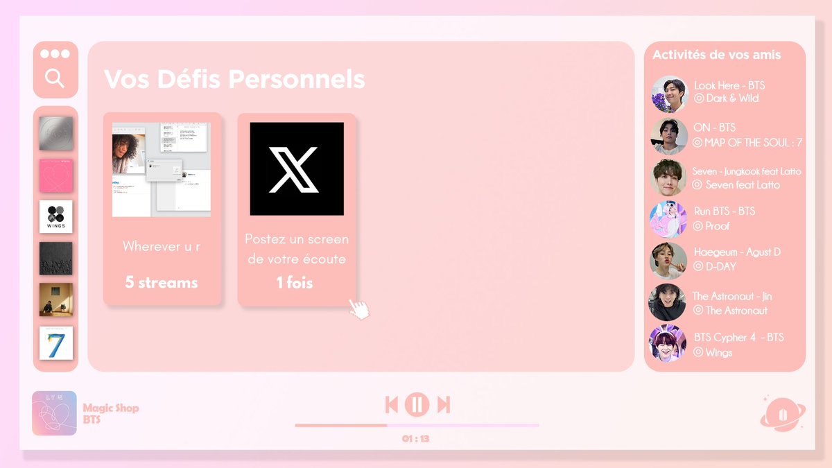 ARMYFRANCE_'s tweet image. [@BTS_twt  x #ChallengeYourself]

ARMYs ! Voici la dernière mission de l'année 💜

Nous vous lançons ces défis ! Vous pouvez écouter sur la plateforme de streaming de votre choix !

Réussirez-vous à atteindre cet objectif personnel ? 👀