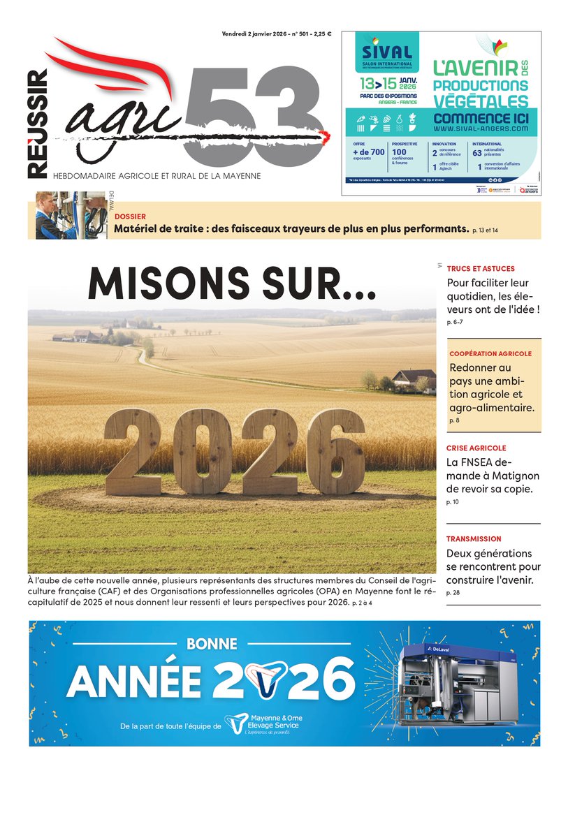 Agri_53's tweet photo. Vendredi dans Agri 53, des représentants de structures du monde agricole vous adressent leurs voeux pour 2026 ! 🥳 Retour également sur les trucs et astuces des Fermes ouvertes, de l'actualité sanitaire #DNC #FPA #IAHP, un mini-dossier matériel de traite... https://t.co/liYHG8gJw5