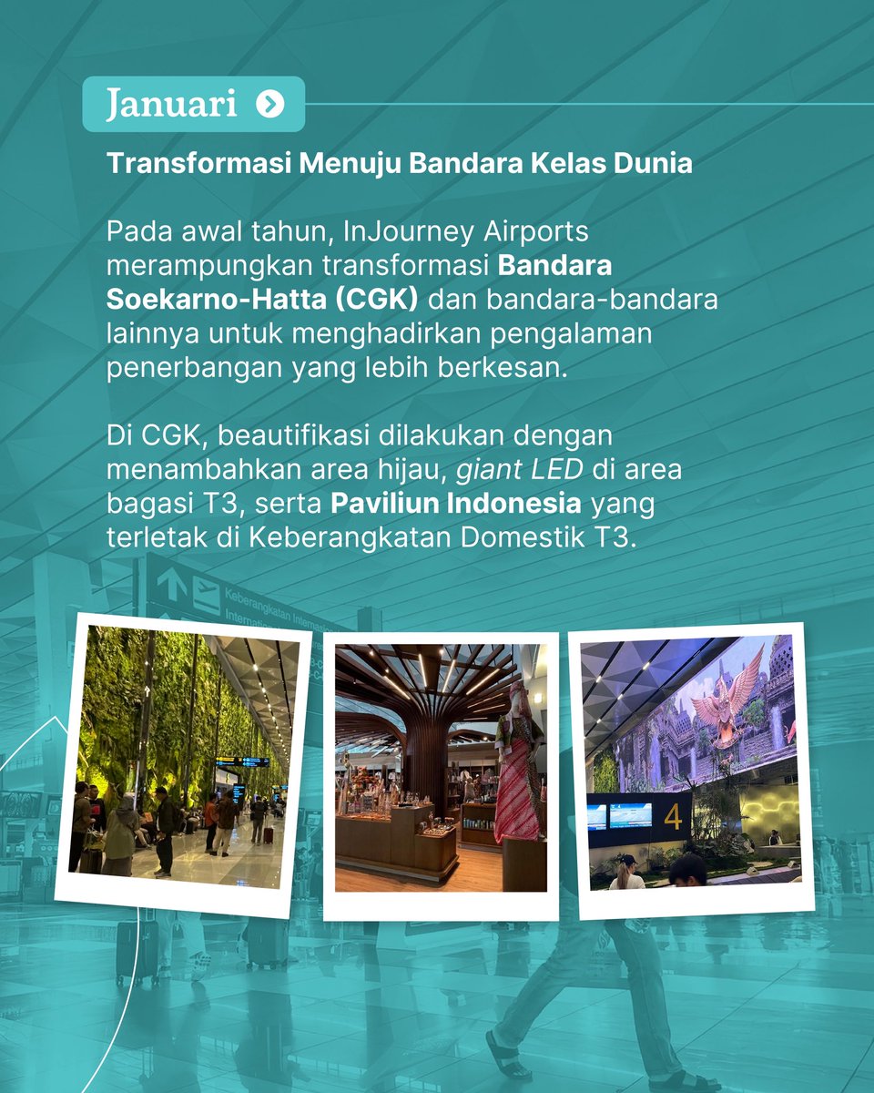 INJairports's tweet photo. Tahun 2025 menjadi perjalanan penuh makna bagi InJourney Airports ✈️

Dari melayani jutaan penumpang di momen Hari Raya, menghadirkan terminal khusus Haji dan Umrah, hingga menghidupkan kembali terminal ikonik dengan sentuhan modern  ❤️

Sepanjang tahun ini, kami juga terus melangkah menuju masa depan aviasi yang berkelanjutan—melalui inisiatif bandara hijau, instalasi imersif yang merayakan budaya Indonesia, hingga memeriahkan momen Nataru di seluruh bandara kelolaan 🙌🏼

Terima kasih atas kepercayaan dan dukungan yang terus mengiringi setiap langkah kami 🤗

Sampai jumpa di perjalanan berikutnya, menuju 2026—dengan komitmen melayani sepenuh hati dan menghadirkan pengalaman bandara kelas dunia 💙✈️

#AngkasaPuraIndonesia
#JoyfulJourney
#HadiahDariHatiPerjalananPenuhArti
#InJourneyAirports
#BanggaBandaraIndonesia
#DanantaraIndonesia
