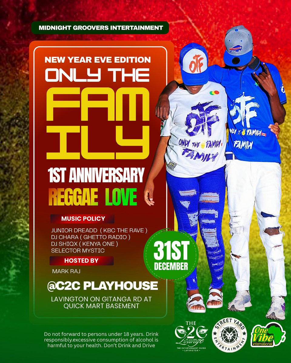 Greetings Reggae Lovers 👊🏻

Join us at FOR A FREE ENTRY MATURE REGGAE EVENT AT C2C PLAYHOUSE LOUNGE KILIMANI from 3pm - ALUTA 

 MYSTIQUE, CHARA , #iQueen  JUNIOR DREADD 

HOSTS : MARK RAJ &amp; LUCY 

BIG PEOPLE MUSIC ONLY ... NO BUGUYAGA! 

come mek we dweet !
