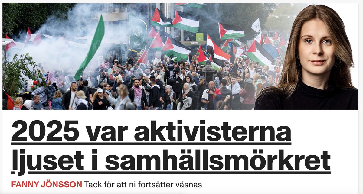 SofieLowenmark's tweet image. Aftonbladets ledarsida bildsätter ”ljuset i samhällsmörkret” och hyllar palestinaaktivister. 

På bilden syns två Hamasflaggor, Islamic Jihad och Lions’ Den. Samtliga terrororganisationer.