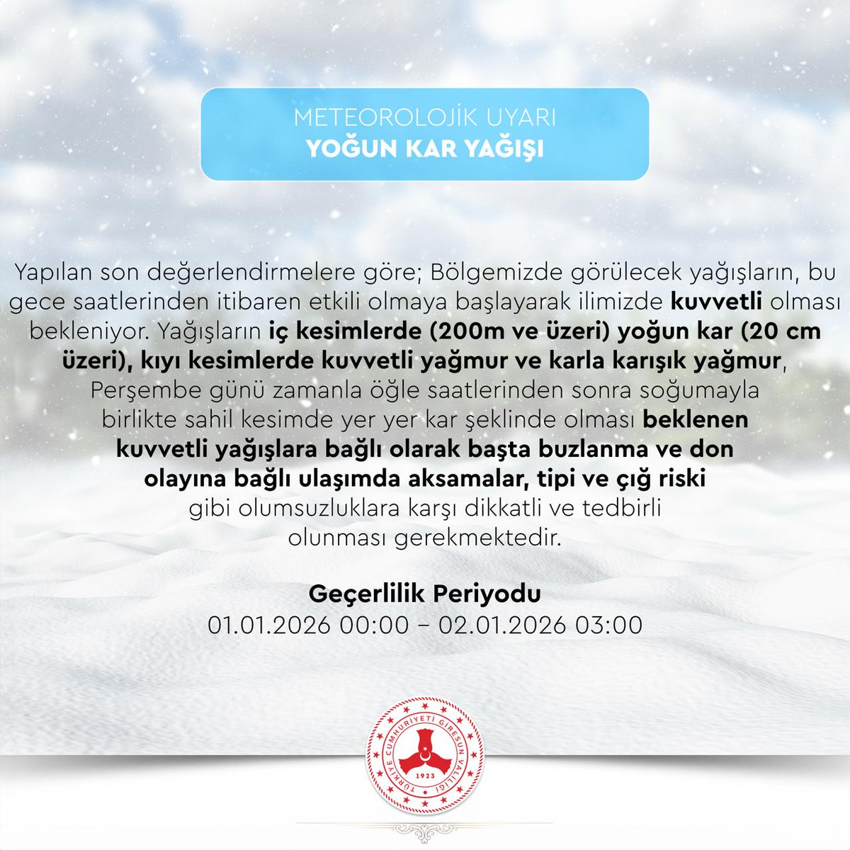 D İ K K A T ❗⛈️🌨️ ❄️

Yapılan son değerlendirmelere göre; Bölgemizde görülecek yağışların, bu gece saatlerinden itibaren etkili olmaya başlayarak ilimizde kuvvetli olması bekleniyor. Yağışların iç kesimlerde (200m ve üzeri) yoğun kar (20 cm üzeri), kıyı kesimlerde kuvvetli