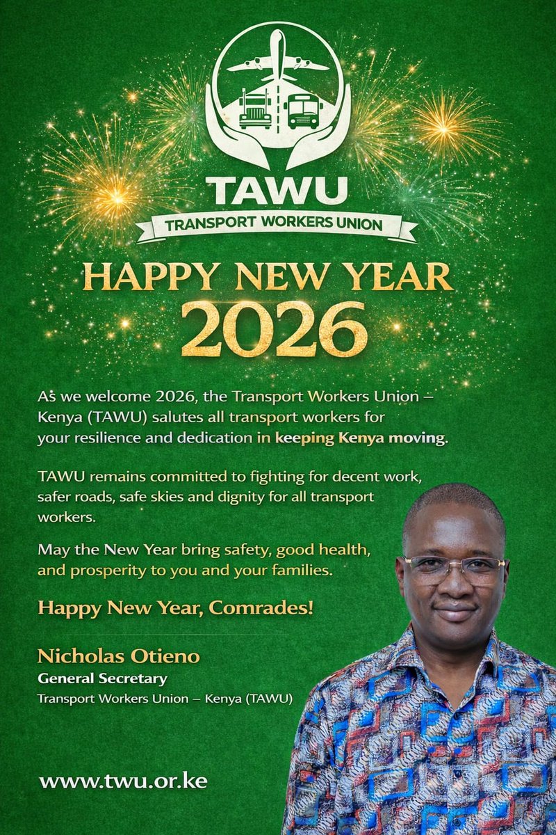 tawukenya's tweet photo. "Transport workers have kept our economy going, Moving goods and people. As we usher in new year, we continue to advocate for Dignity and Decent working conditions for all transport workers" - Nicholas Otieno, General Secretary https://t.co/dnZrB3IVsJ