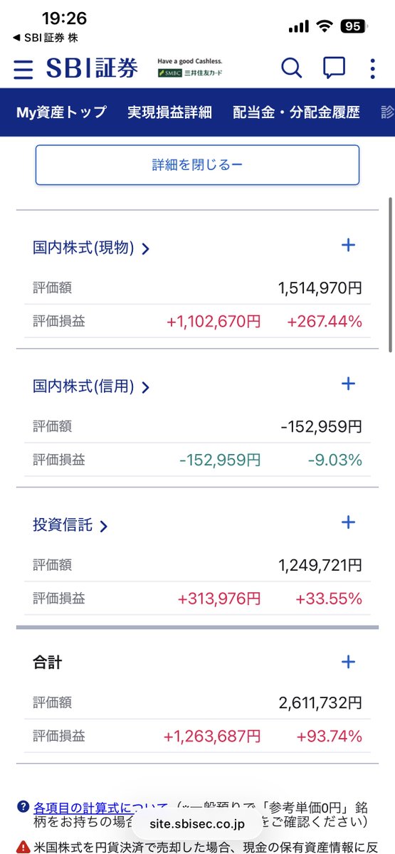 kabu525's tweet photo. 投資3年目

評価損益 +1,263,687円
内訳：国内株 +949,711円
           投資信託+313,976円

実現損益 -1,777,758円

配当・分配金受取(税引後)+33,344円

トータル：-480,727円

途中まで良かったのに、信用取引に手を出してから痛い目にあってる🥹

1年間お疲れ様でした https://t.co/CLZNndz6rm