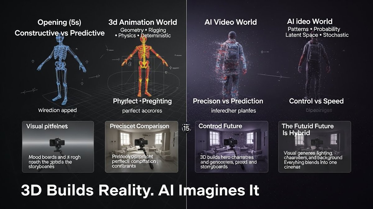 hih7webtech's tweet photo. 3D Animated Movies vs AI-Generated Videos

3D animation is crafted frame-by-frame by artists using modeling, rigging & rendering—time-intensive, cinematic, and deeply controlled. AI videos are prompt-driven, fast to create, scalable, and evolving in real time.
#3DAnimation #AIVideo #CreativeTech #AnimationIndustry #FilmTech #FutureOfMedia #DigitalArt #ContentCreation

 Artistry vs ⚡ Speed
 Full creative control vs 🤖 Algorithmic generation
 Heavy production pipeline vs 🚀 Rapid iteration

Both aren’t rivals—they’re tools for different stories.
