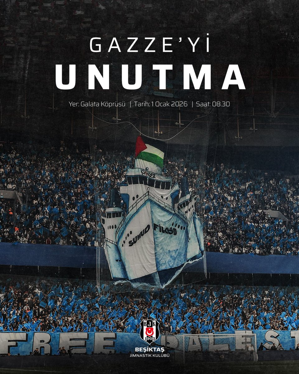 İnsanlığın umudunu yeşertmek, zulme dur demek, mazlumların sesini dünyaya duyurmak için #GazzeyiUnutma 

📍 Galata Köprüsü 
🗓 1 Ocak 2026 
🕤 08.30
