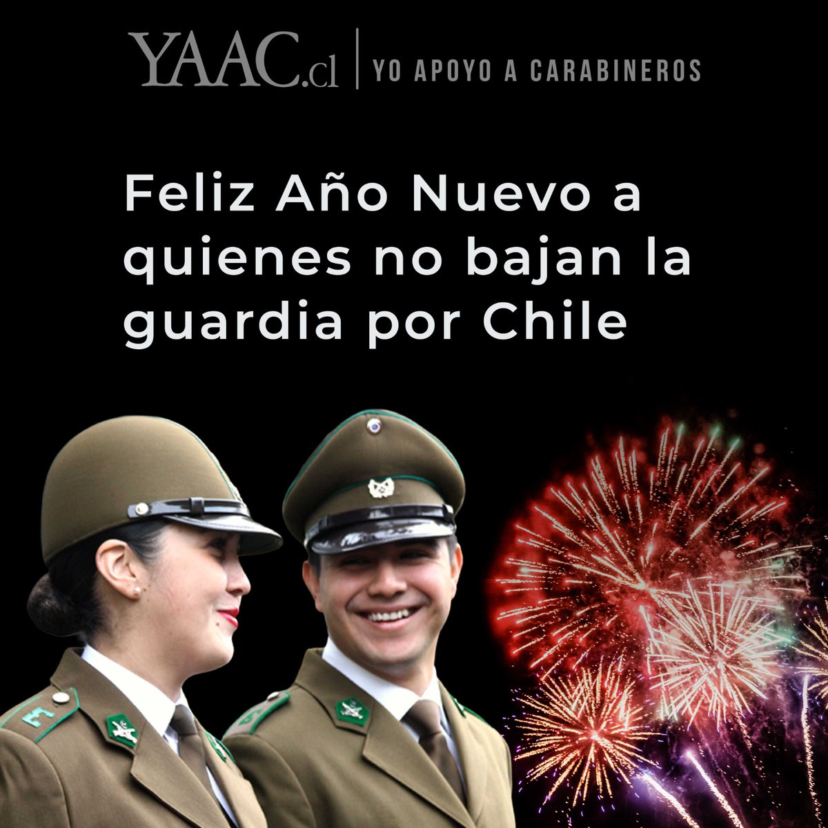 ChileYAAC's tweet photo. En este Año Nuevo saludamos y agradecemos a quienes no bajan la guardia.

A quienes comienzan el año de servicio, cuidando, patrullando y protegiendo a Chile mientras otros celebran.

🎆 Feliz Año Nuevo a Carabineros de Chile y a sus familias.

Gracias por su vocación, compromiso y entrega permanente al país.

#AñoNuevo #Seguridad #Carabineros #YAAC #YoApoyoACarabineros