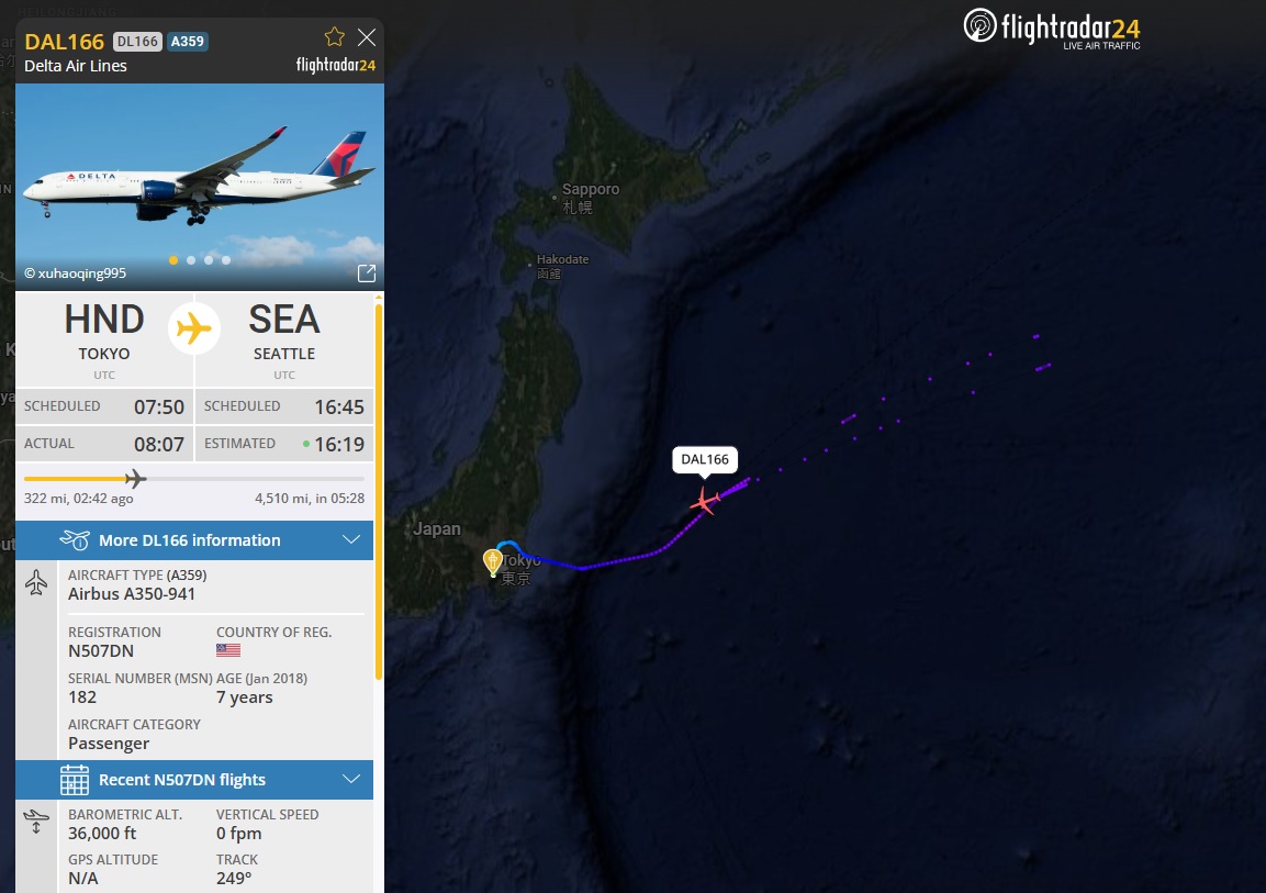 AirportWebcams's tweet photo. LIVE / RTO: Delta #DL166 Tokyo/Haneda to Seattle (Airbus A350-900 N507DN) has turned back after 90 minutes' flight & appears to be returning to HND. Track: https://t.co/2iq8pkczrw @flightradar24
HND webcams: https://t.co/SoF0TdimDc
SEA: https://t.co/HRv8V9mwWB
#avgeek #aviation https://t.co/ZDzmGN3Ws9