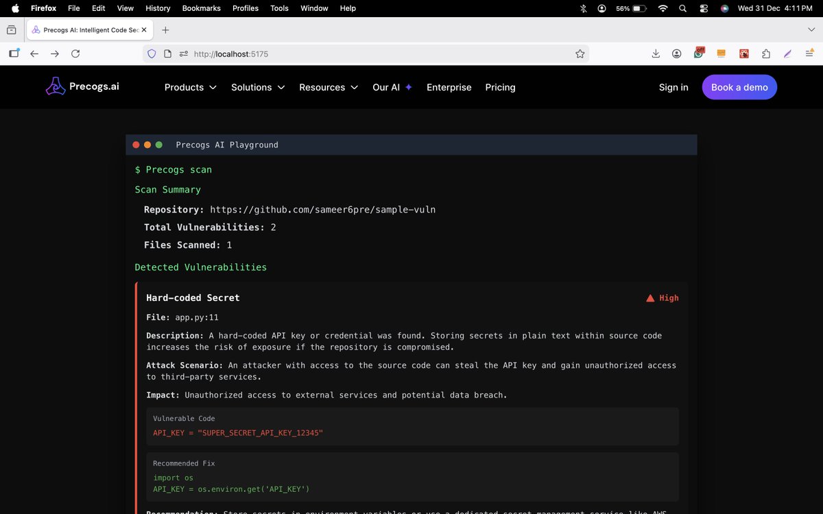 sameer_theX's tweet photo. Last task of 2025 at Precogs AI 🚀

Working on the Repository Playground — scan any public repo and get a clear view of how Precogs finds vulnerabilities directly on the website.

Going live soon.
Follow @precogs_ai for updates 🔍

#CodingJourney #Coding #DeveloperCommunity https://t.co/FpcxB4LLRR