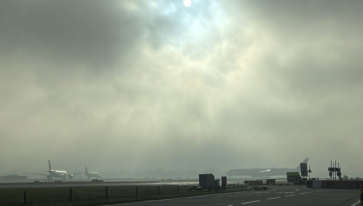 Looks almost ghostly at Heathrow today in the fog