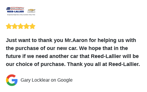 ReedLallierChev's tweet photo. We just received a great review on Google. Thank you Gary Locklear! https://t.co/1rjtqfztej