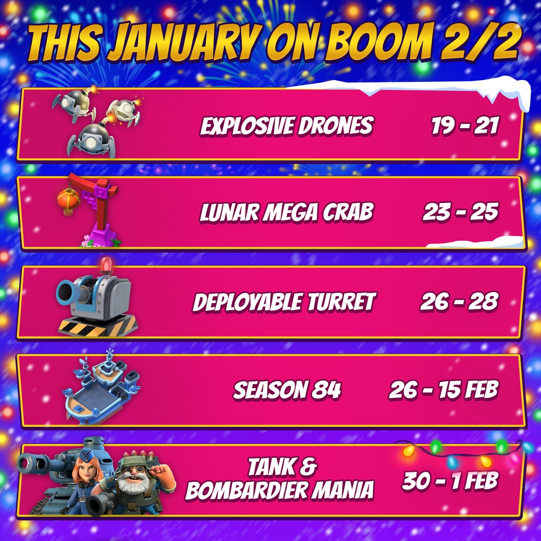 BoomBeach's tweet image. January is packed with Manias, special GBAs, the Lunar Mega Crab, and a brand new Warships Season.
Plenty of chances to try new strategies, push harder, and start the year strong.
Which are you most excited for, Commander?