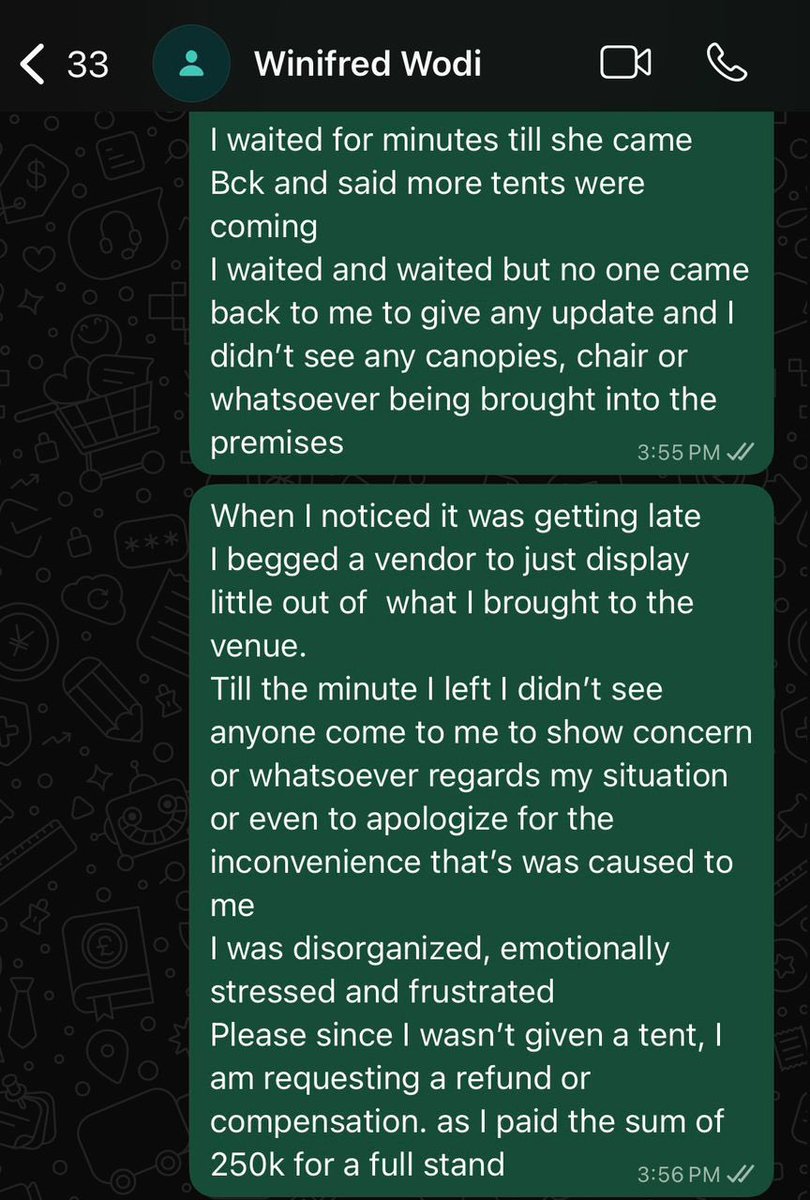 UlokoDaniella's tweet photo. Hi everyone please I need your help, so my friend paid for a stand of 250k as a food vendor at the @wodiebenuahfair and on the day of the fair there was not tent with her name on it, she reached out to the organizers there to ask what was going on and they told her they’ll set up a new tent for her, she waited until the end of the fair, nobody came to her to give her update, she had to beg another vendor there to share a part of her tent just so the food doesn’t go to waste and still nobody reached out to her. she texted them after the fair and they agreed to refund her, but they haven’t refunded her up until now, and instead they reported her IG page and it has been taken down and they have also stopped replying her messages, please she barely sold anything at the fair and she also didn’t get the tent she paid for, she needs to get her refund, please help 😩 @Wizarab10 @yabaleftonline @instablog9ja