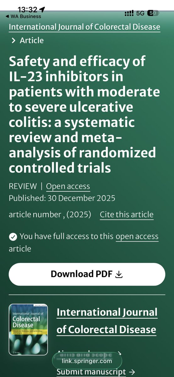 SyedGerdezi's tweet photo. Wrapping up 2025 with our latest work on IL-23 inhibitors in severe ulcerative colitis 📚✨
Our meta-analysis shows higher remission, improved mucosal healing, and a reassuring safety profile from Phase 3 RCTs.
🔗 https://t.co/yZfZR0MsCZ
#IBD #UlcerativeColitis #IL23 https://t.co/G61f8t0HSp