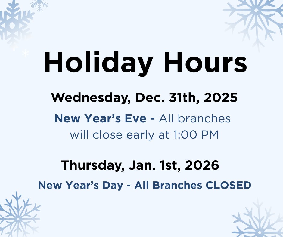 ✨ Holiday Hours 

12.31.25  (New Year's Eve): All branches will close early at 1 PM.
1.1.26  (New Year's Day): All branches will be CLOSED.

📲🏦 Manage your account 24/7: zurl.co/vIfi

💸 Find a nearby ATM: zurl.co/BzGv

#HolidayHours #BridgeCreditUnion